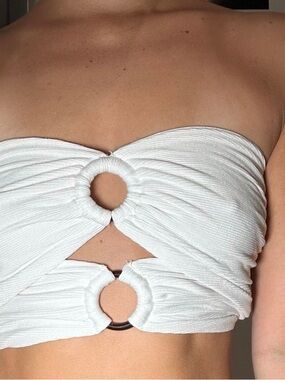 White Strapless Cutout Ring Detail Crop Top